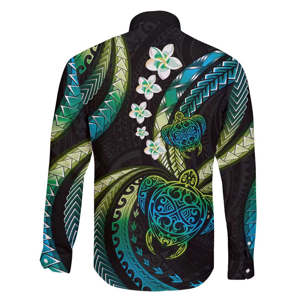 Hawaii Turtles Plumeria Family Matching Off Shoulder Short Dress and Hawaiian Shirt Chartreuse Cyan Polynesian Pattern