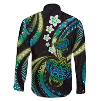 Hawaii Turtles Plumeria Family Matching Off Shoulder Short Dress and Hawaiian Shirt Chartreuse Cyan Polynesian Pattern