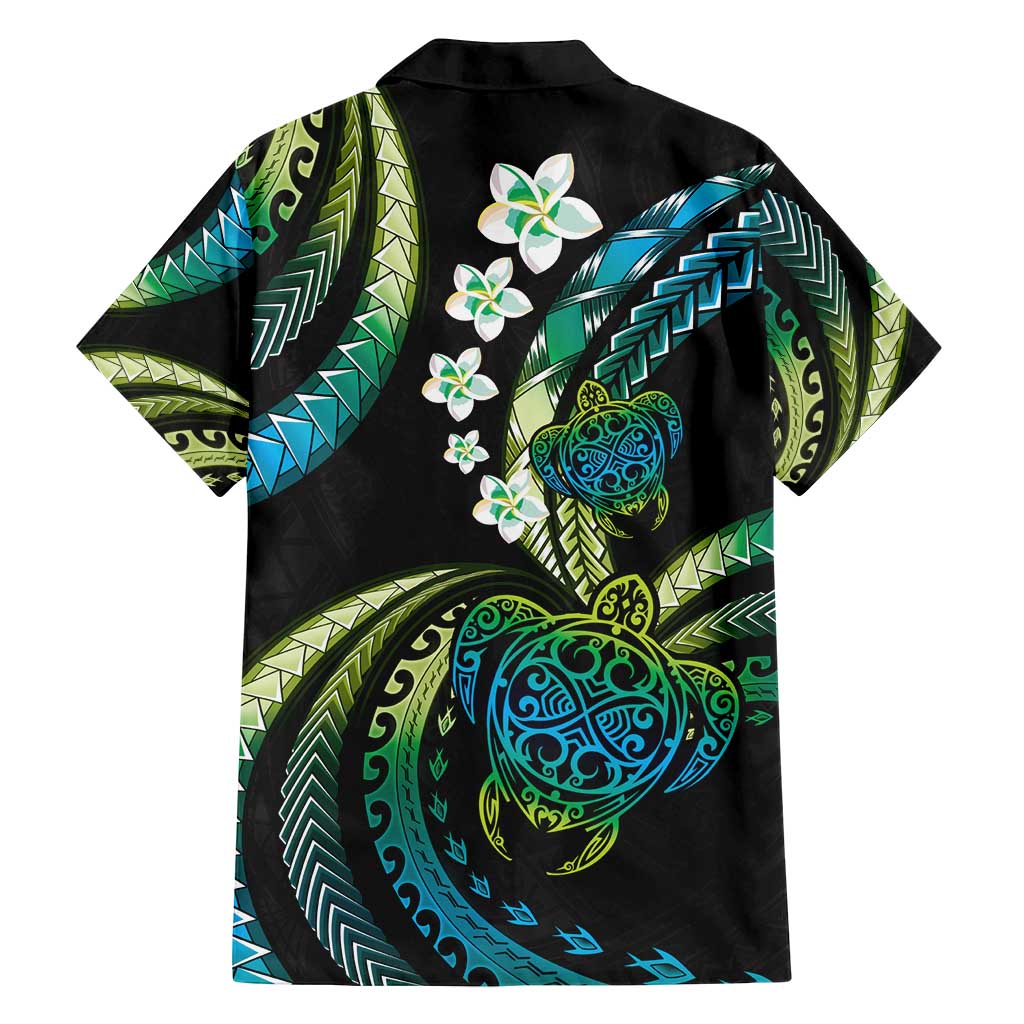 Hawaii Turtles Plumeria Family Matching Puletasi and Hawaiian Shirt Chartreuse Cyan Polynesian Pattern