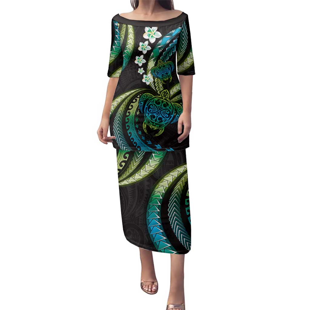 Hawaii Turtles Plumeria Family Matching Puletasi and Hawaiian Shirt Chartreuse Cyan Polynesian Pattern