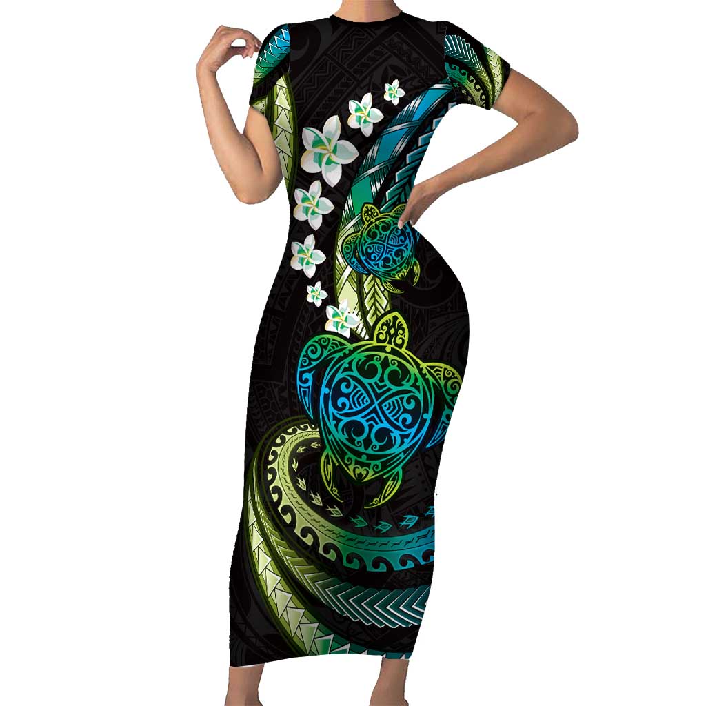 Hawaii Turtles Plumeria Family Matching Short Sleeve Bodycon Dress and Hawaiian Shirt Chartreuse Cyan Polynesian Pattern