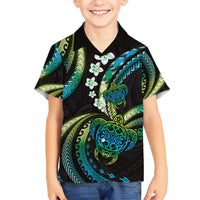Hawaii Turtles Plumeria Family Matching Short Sleeve Bodycon Dress and Hawaiian Shirt Chartreuse Cyan Polynesian Pattern
