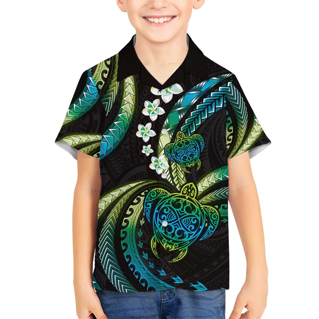 Hawaii Turtles Plumeria Family Matching Summer Maxi Dress and Hawaiian Shirt Chartreuse Cyan Polynesian Pattern