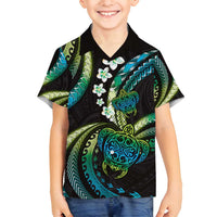 Hawaii Turtles Plumeria Family Matching Summer Maxi Dress and Hawaiian Shirt Chartreuse Cyan Polynesian Pattern