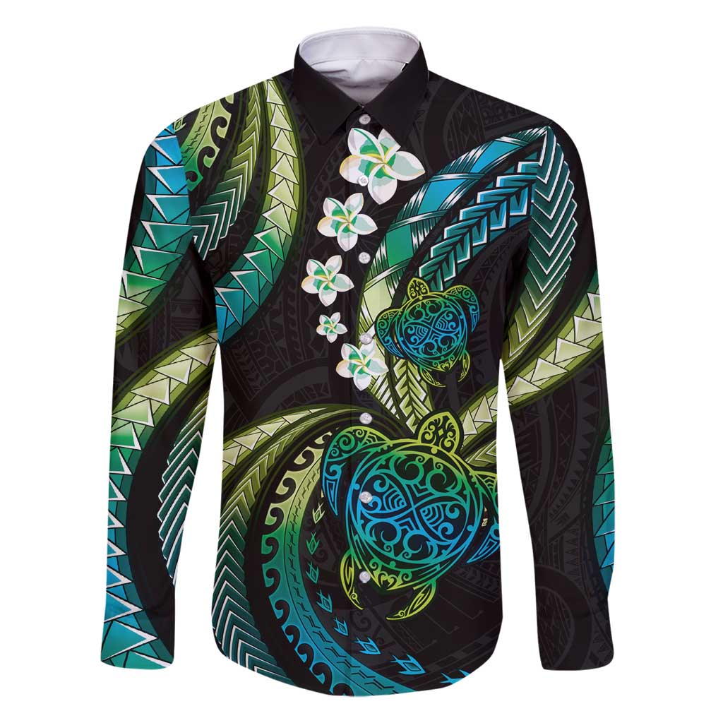 Hawaii Turtles Plumeria Family Matching Tank Maxi Dress and Hawaiian Shirt Chartreuse Cyan Polynesian Pattern