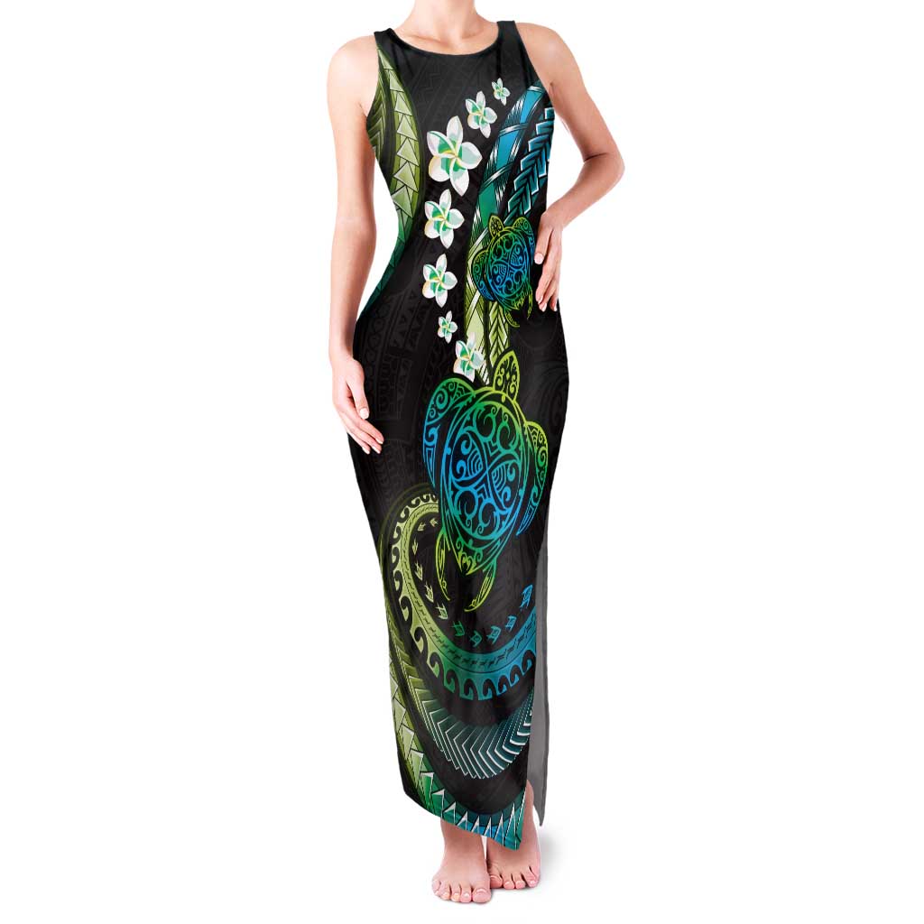 Hawaii Turtles Plumeria Family Matching Tank Maxi Dress and Hawaiian Shirt Chartreuse Cyan Polynesian Pattern
