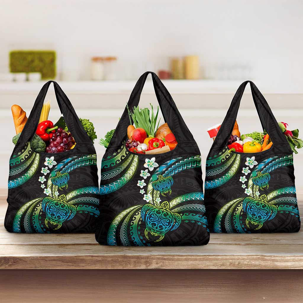 Hawaii Turtles Plumeria Grocery Bag Chartreuse Cyan Polynesian Pattern