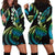 Hawaii Turtles Plumeria Hoodie Dress Chartreuse Cyan Polynesian Pattern