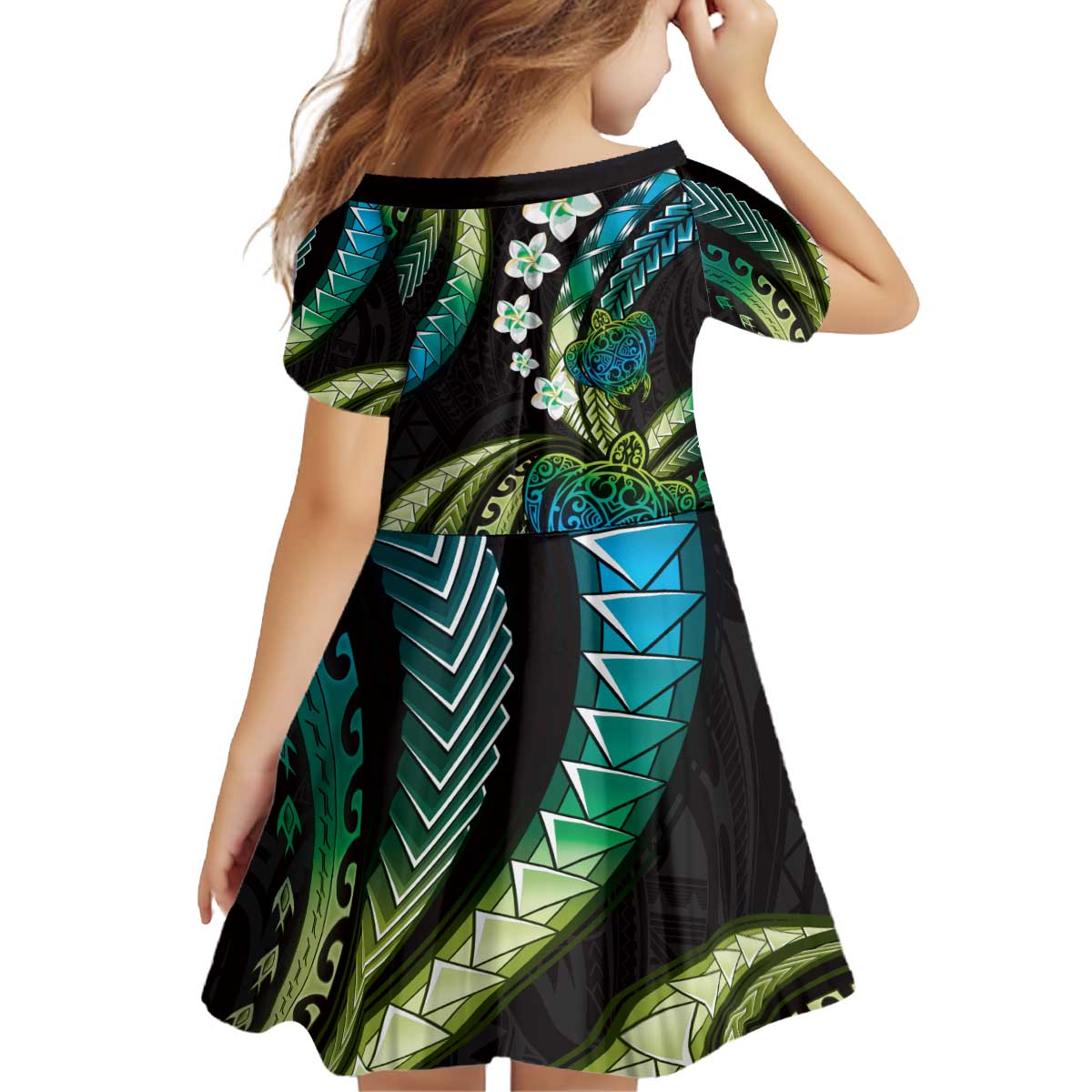 Hawaii Turtles Plumeria Kid Short Sleeve Dress Chartreuse Cyan Polynesian Pattern