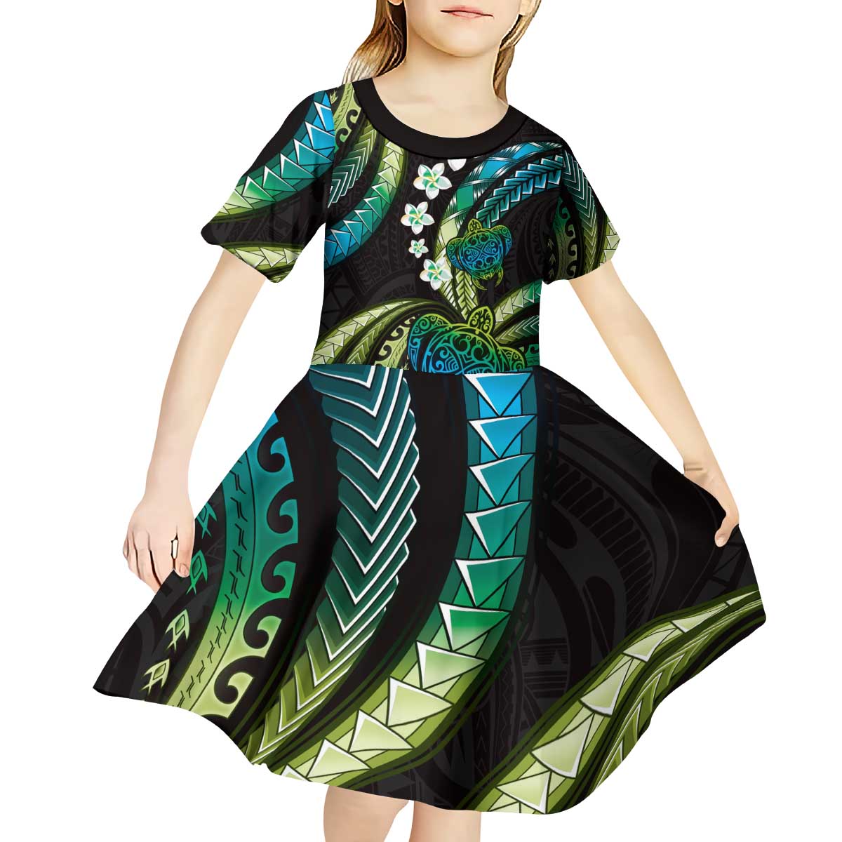 Hawaii Turtles Plumeria Kid Short Sleeve Dress Chartreuse Cyan Polynesian Pattern