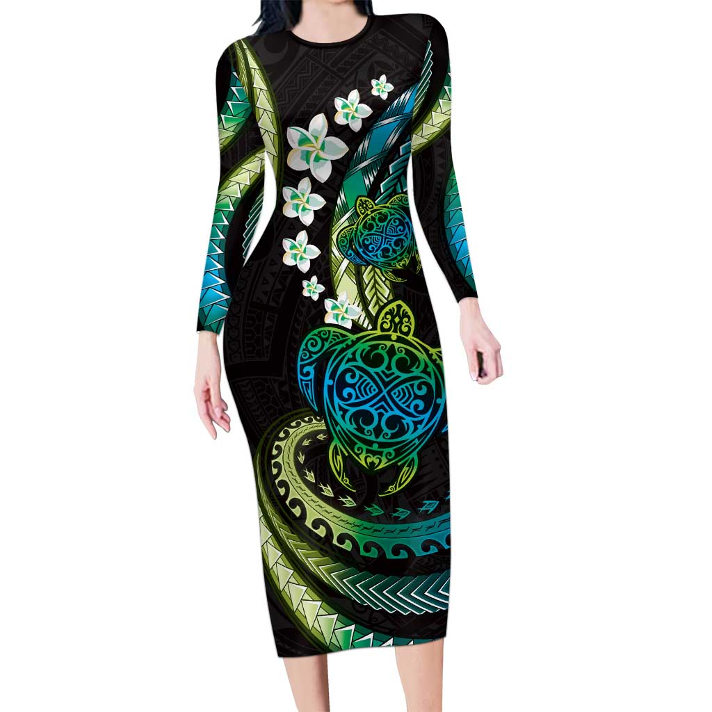 Hawaii Turtles Plumeria Long Sleeve Bodycon Dress Chartreuse Cyan Polynesian Pattern