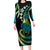 Hawaii Turtles Plumeria Long Sleeve Bodycon Dress Chartreuse Cyan Polynesian Pattern