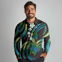 Hawaii Turtles Plumeria Long Sleeve Polo Shirt Chartreuse Cyan Polynesian Pattern
