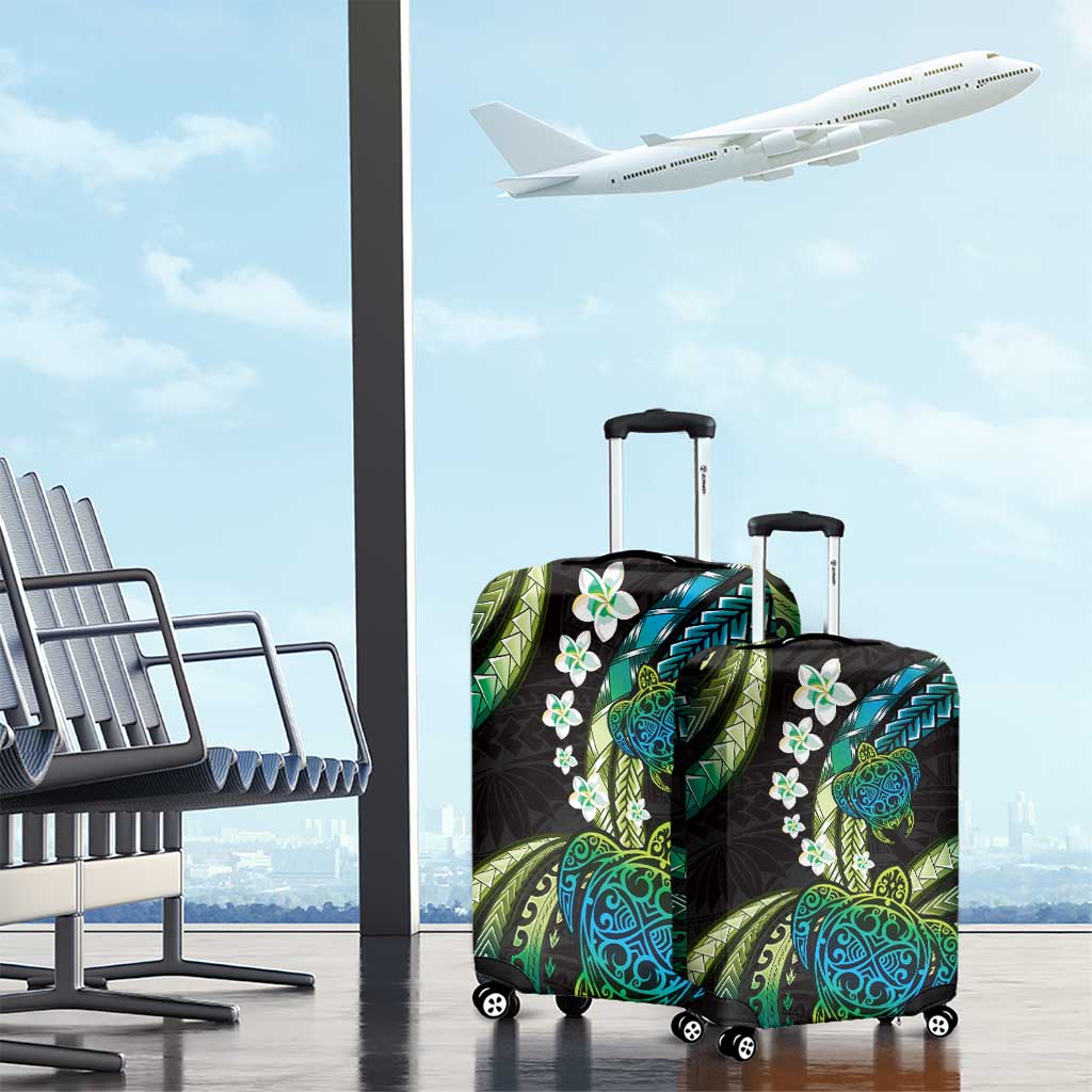Hawaii Turtles Plumeria Luggage Cover Chartreuse Cyan Polynesian Pattern