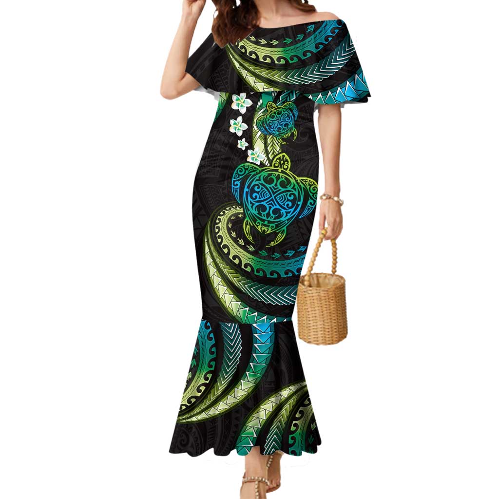 Hawaii Turtles Plumeria Mermaid Dress Chartreuse Cyan Polynesian Pattern