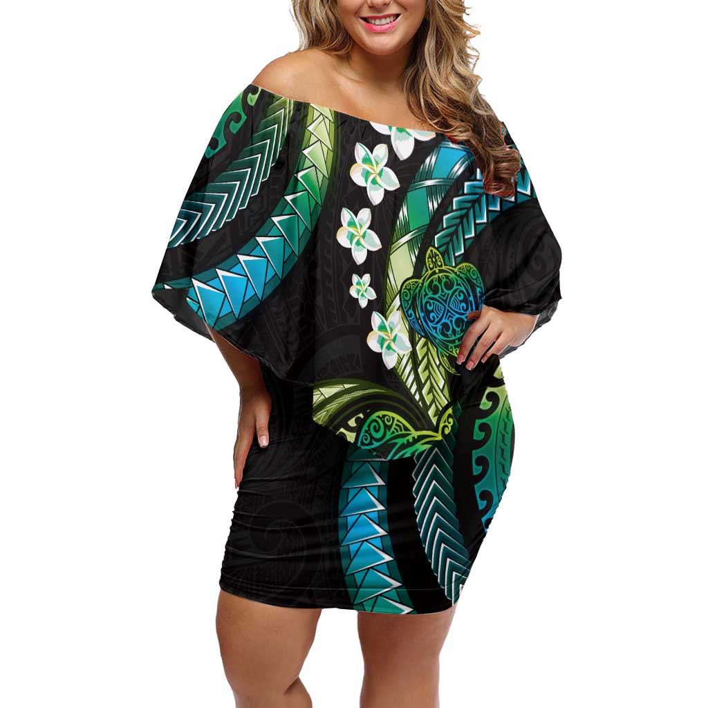 Hawaii Turtles Plumeria Off Shoulder Short Dress Chartreuse Cyan Polynesian Pattern