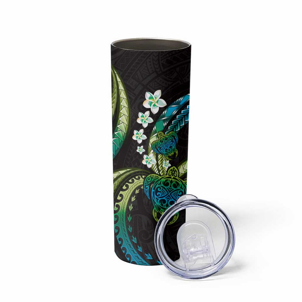 Hawaii Turtles Plumeria Skinny Tumbler Chartreuse Cyan Polynesian Pattern