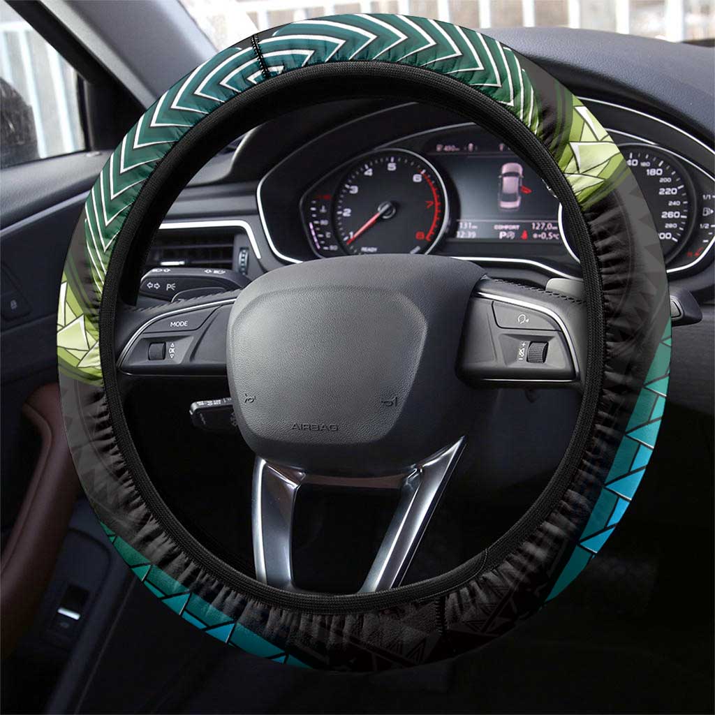 Hawaii Turtles Plumeria Steering Wheel Cover Chartreuse Cyan Polynesian Pattern