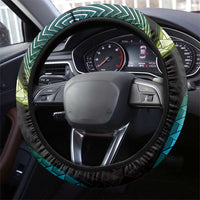 Hawaii Turtles Plumeria Steering Wheel Cover Chartreuse Cyan Polynesian Pattern