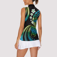 Hawaii Turtles Plumeria Women Sleeveless Polo Shirt Chartreuse Cyan Polynesian Pattern