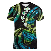 Hawaii Turtles Plumeria Women V-Neck T-Shirt Chartreuse Cyan Polynesian Pattern