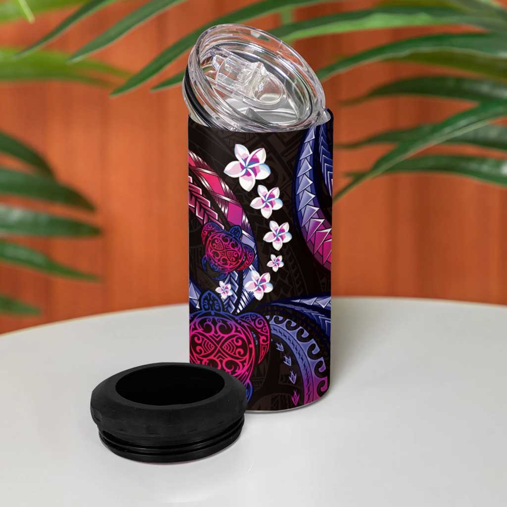 Hawaii Turtles Plumeria 4 in 1 Can Cooler Tumbler Sweet Gradient Polynesian Pattern