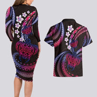 Hawaii Turtles Plumeria Couples Matching Long Sleeve Bodycon Dress and Hawaiian Shirt Sweet Gradient Polynesian Pattern LT01 - Polynesian Pride