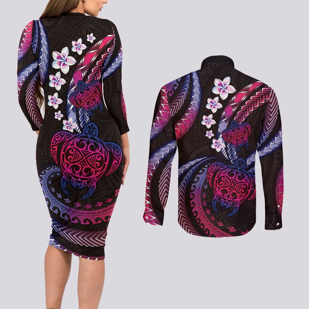 Hawaii Turtles Plumeria Couples Matching Long Sleeve Bodycon Dress and Long Sleeve Button Shirt Sweet Gradient Polynesian Pattern