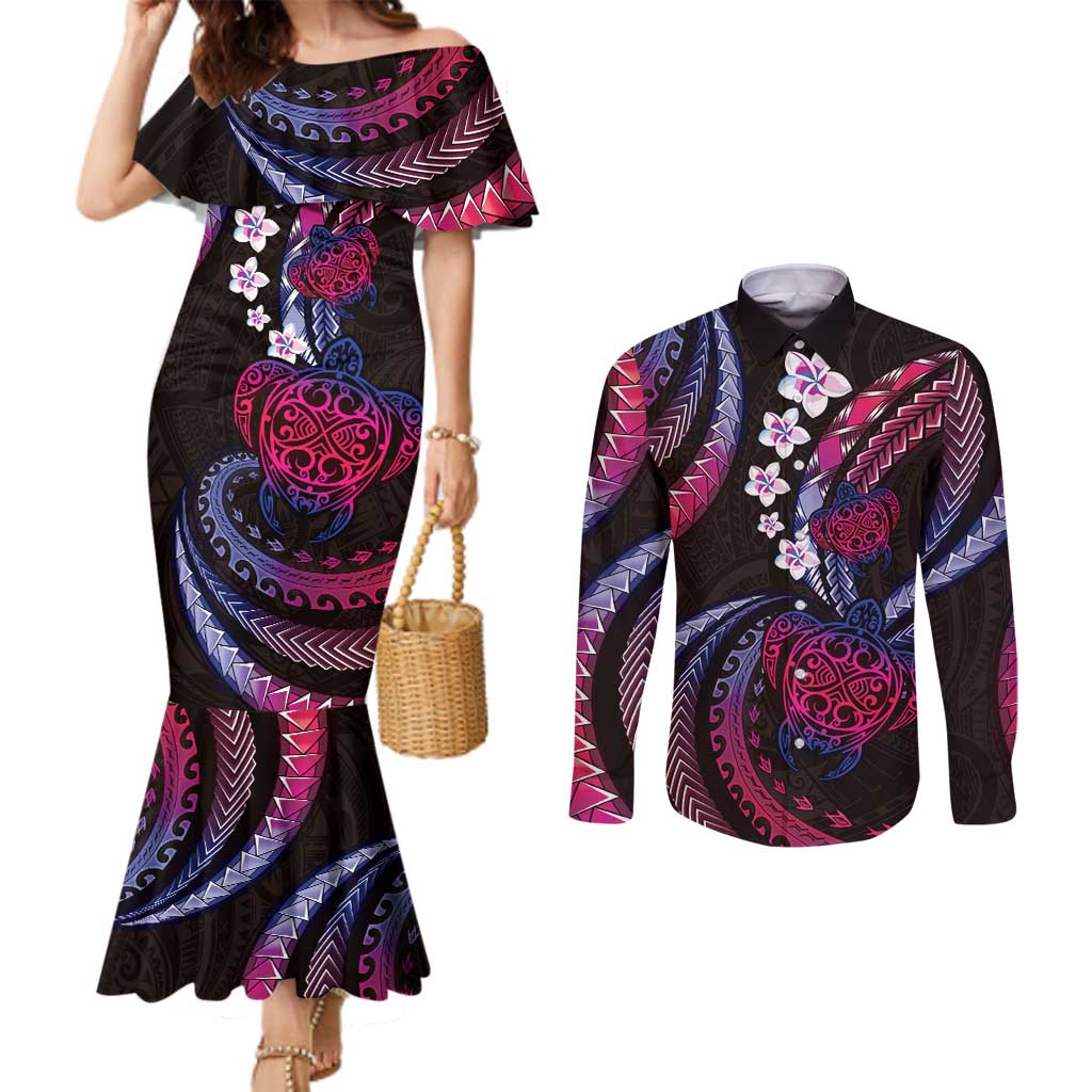 Hawaii Turtles Plumeria Couples Matching Mermaid Dress and Long Sleeve Button Shirt Sweet Gradient Polynesian Pattern