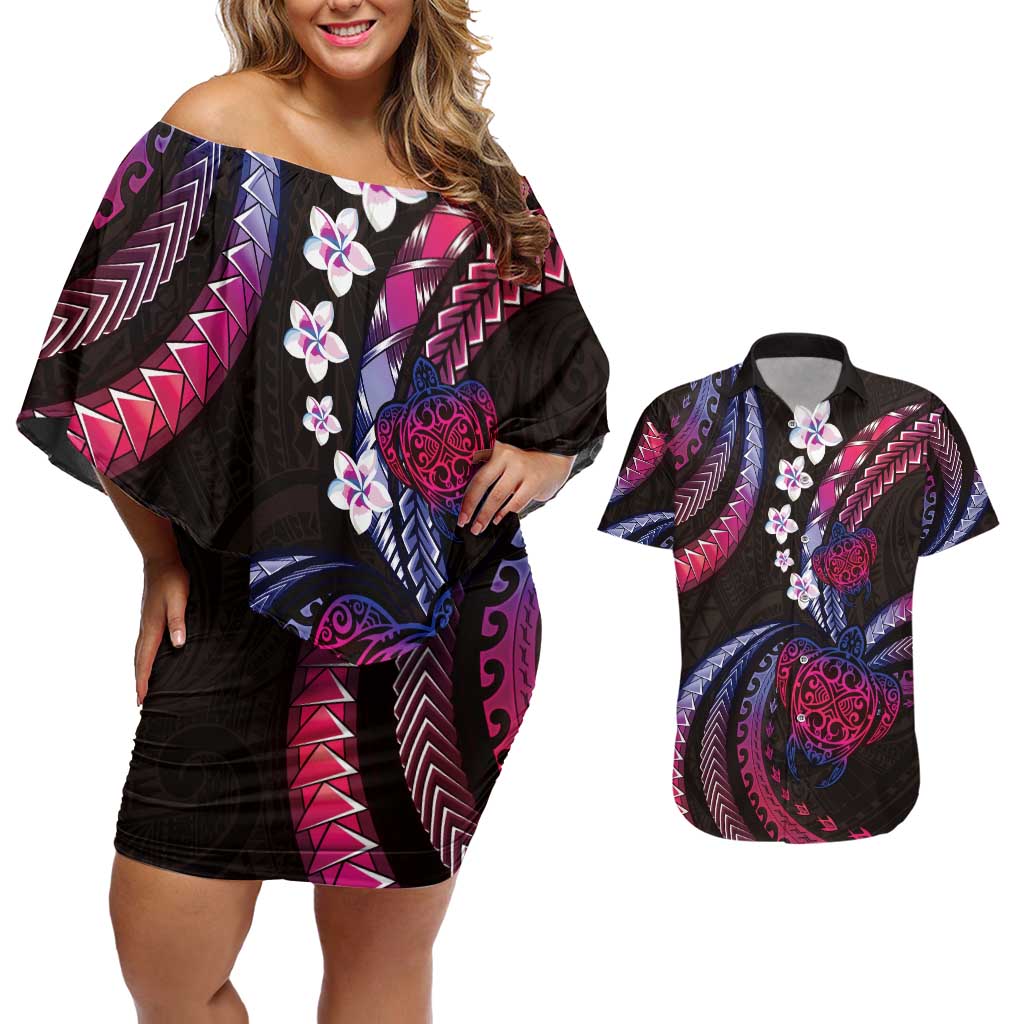 Hawaii Turtles Plumeria Couples Matching Off Shoulder Short Dress and Hawaiian Shirt Sweet Gradient Polynesian Pattern