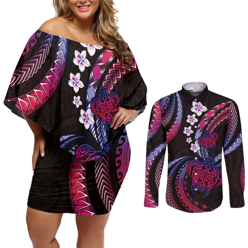 Hawaii Turtles Plumeria Couples Matching Off Shoulder Short Dress and Long Sleeve Button Shirt Sweet Gradient Polynesian Pattern