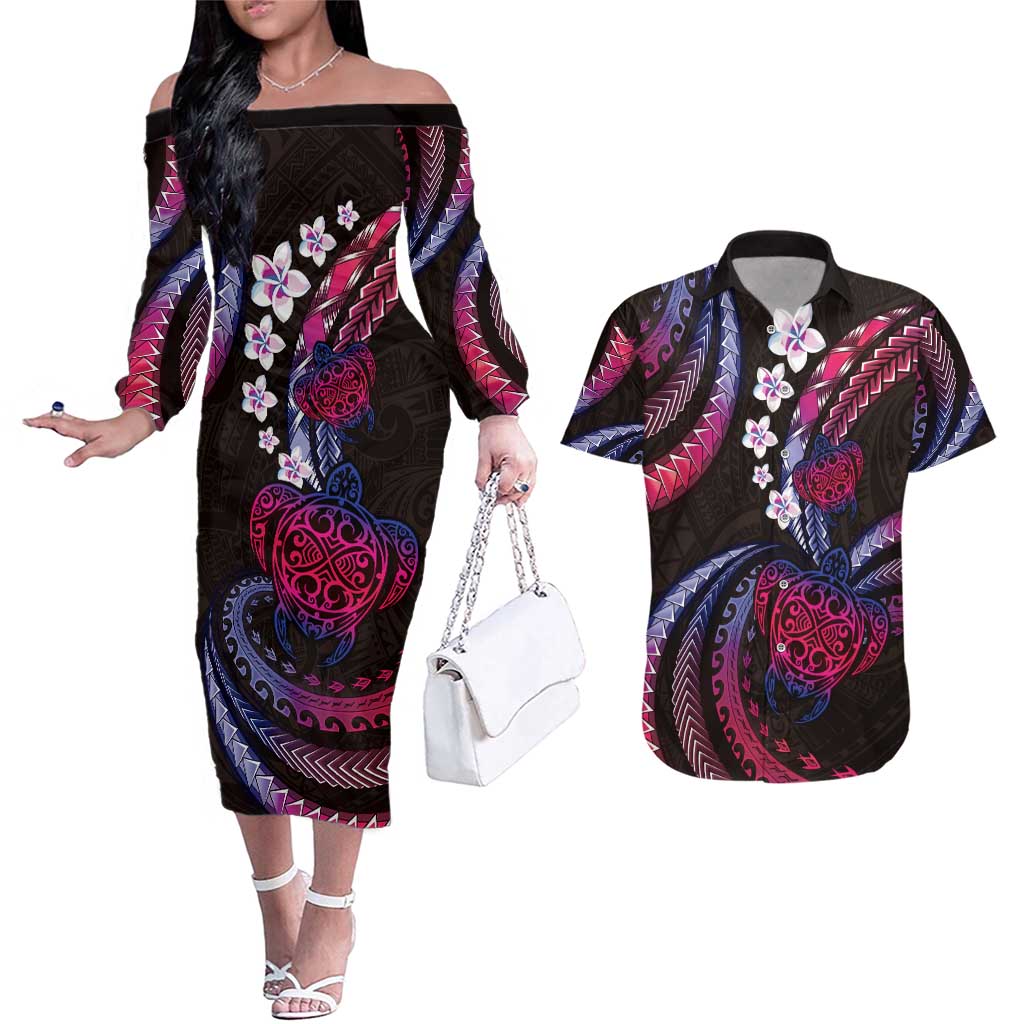 Hawaii Turtles Plumeria Couples Matching Off The Shoulder Long Sleeve Dress and Hawaiian Shirt Sweet Gradient Polynesian Pattern