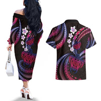 Hawaii Turtles Plumeria Couples Matching Off The Shoulder Long Sleeve Dress and Hawaiian Shirt Sweet Gradient Polynesian Pattern