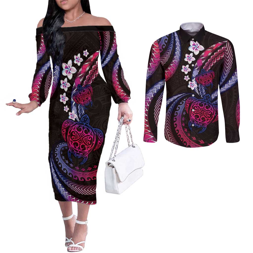 Hawaii Turtles Plumeria Couples Matching Off The Shoulder Long Sleeve Dress and Long Sleeve Button Shirt Sweet Gradient Polynesian Pattern