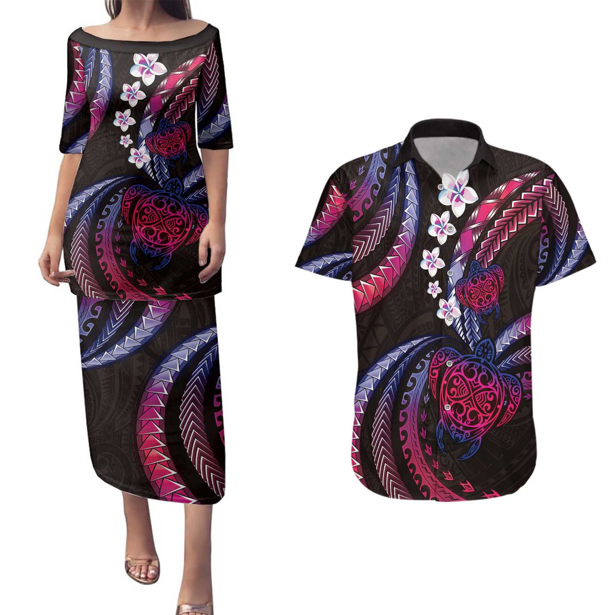 Hawaii Turtles Plumeria Couples Matching Puletasi and Hawaiian Shirt Sweet Gradient Polynesian Pattern