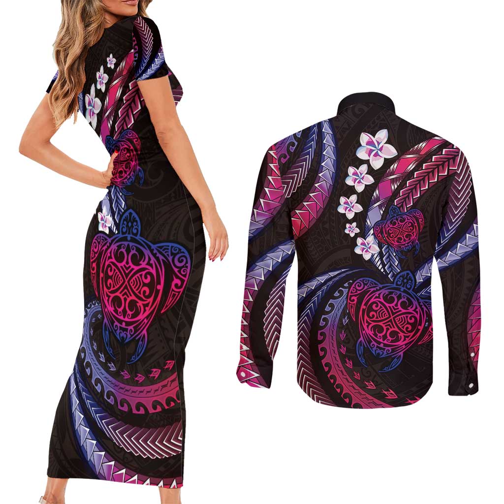 Hawaii Turtles Plumeria Couples Matching Short Sleeve Bodycon Dress and Long Sleeve Button Shirt Sweet Gradient Polynesian Pattern