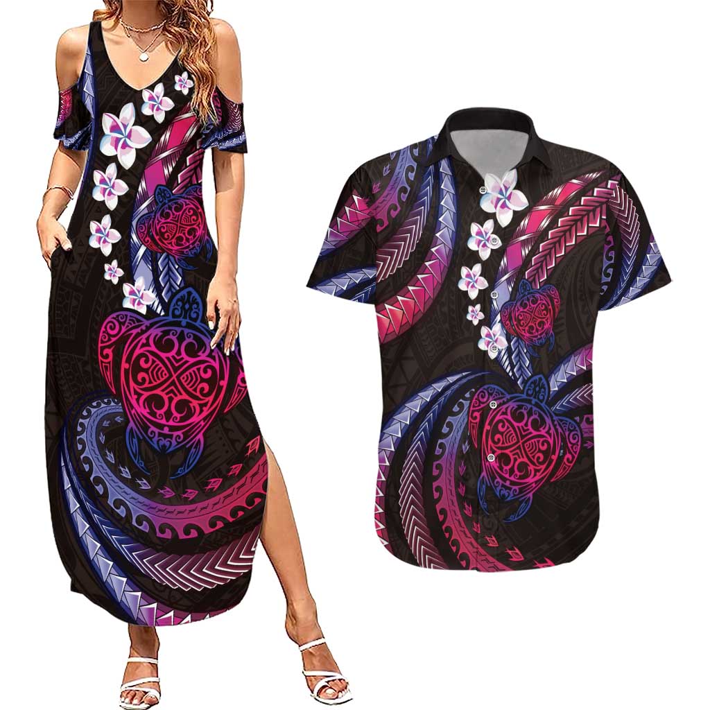 Hawaii Turtles Plumeria Couples Matching Summer Maxi Dress and Hawaiian Shirt Sweet Gradient Polynesian Pattern