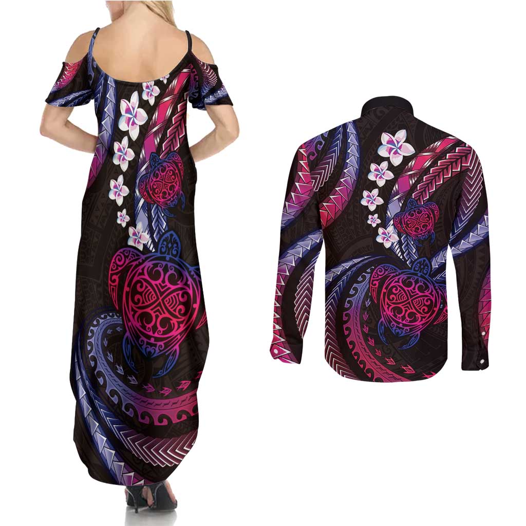 Hawaii Turtles Plumeria Couples Matching Summer Maxi Dress and Long Sleeve Button Shirt Sweet Gradient Polynesian Pattern