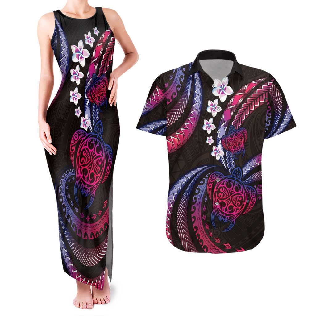 Hawaii Turtles Plumeria Couples Matching Tank Maxi Dress and Hawaiian Shirt Sweet Gradient Polynesian Pattern