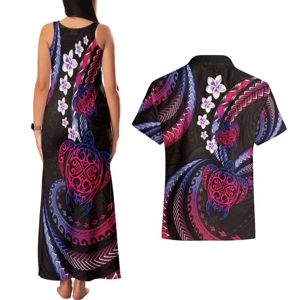 Hawaii Turtles Plumeria Couples Matching Tank Maxi Dress and Hawaiian Shirt Sweet Gradient Polynesian Pattern