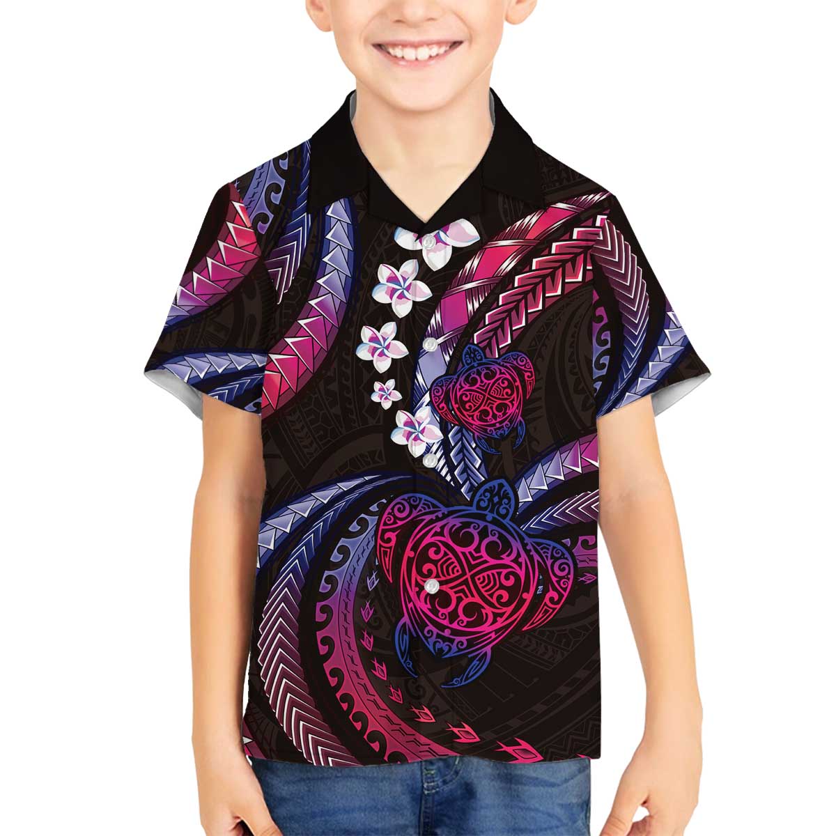 Hawaii Turtles Plumeria Family Matching Off The Shoulder Long Sleeve Dress and Hawaiian Shirt Sweet Gradient Polynesian Pattern