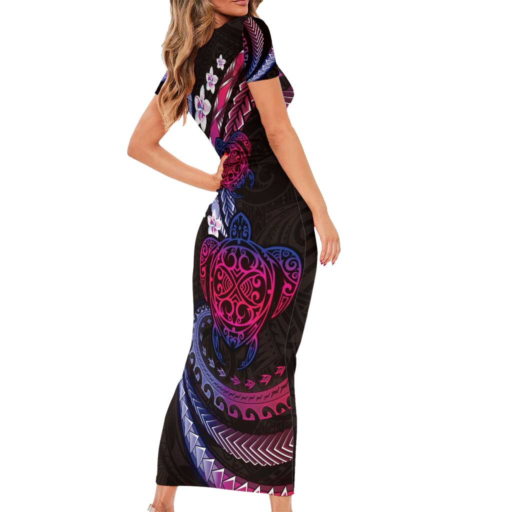 Hawaii Turtles Plumeria Family Matching Short Sleeve Bodycon Dress and Hawaiian Shirt Sweet Gradient Polynesian Pattern