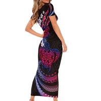 Hawaii Turtles Plumeria Family Matching Short Sleeve Bodycon Dress and Hawaiian Shirt Sweet Gradient Polynesian Pattern