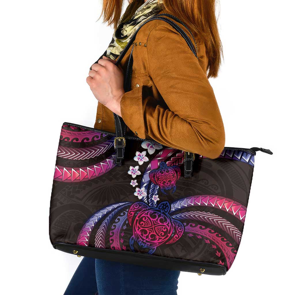 Hawaii Turtles Plumeria Leather Tote Bag Sweet Gradient Polynesian Pattern