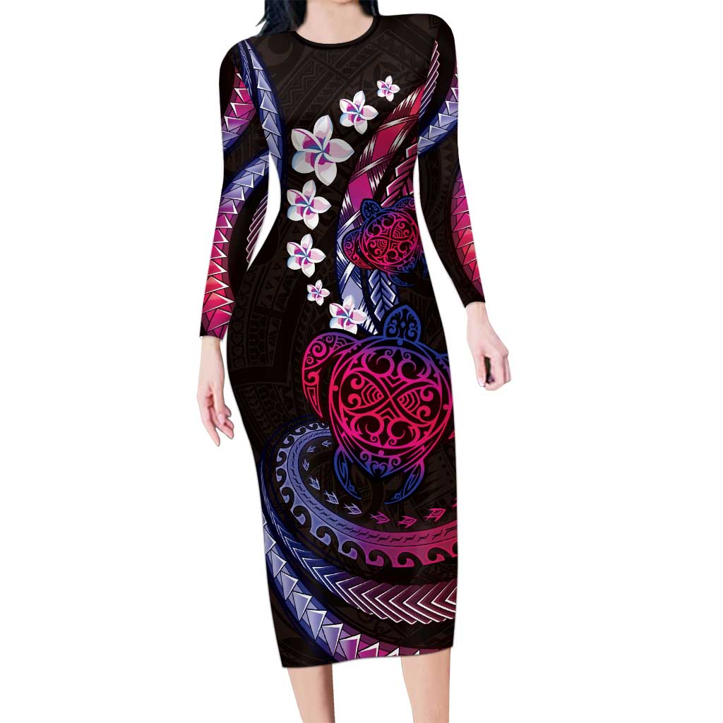 Hawaii Turtles Plumeria Long Sleeve Bodycon Dress Sweet Gradient Polynesian Pattern