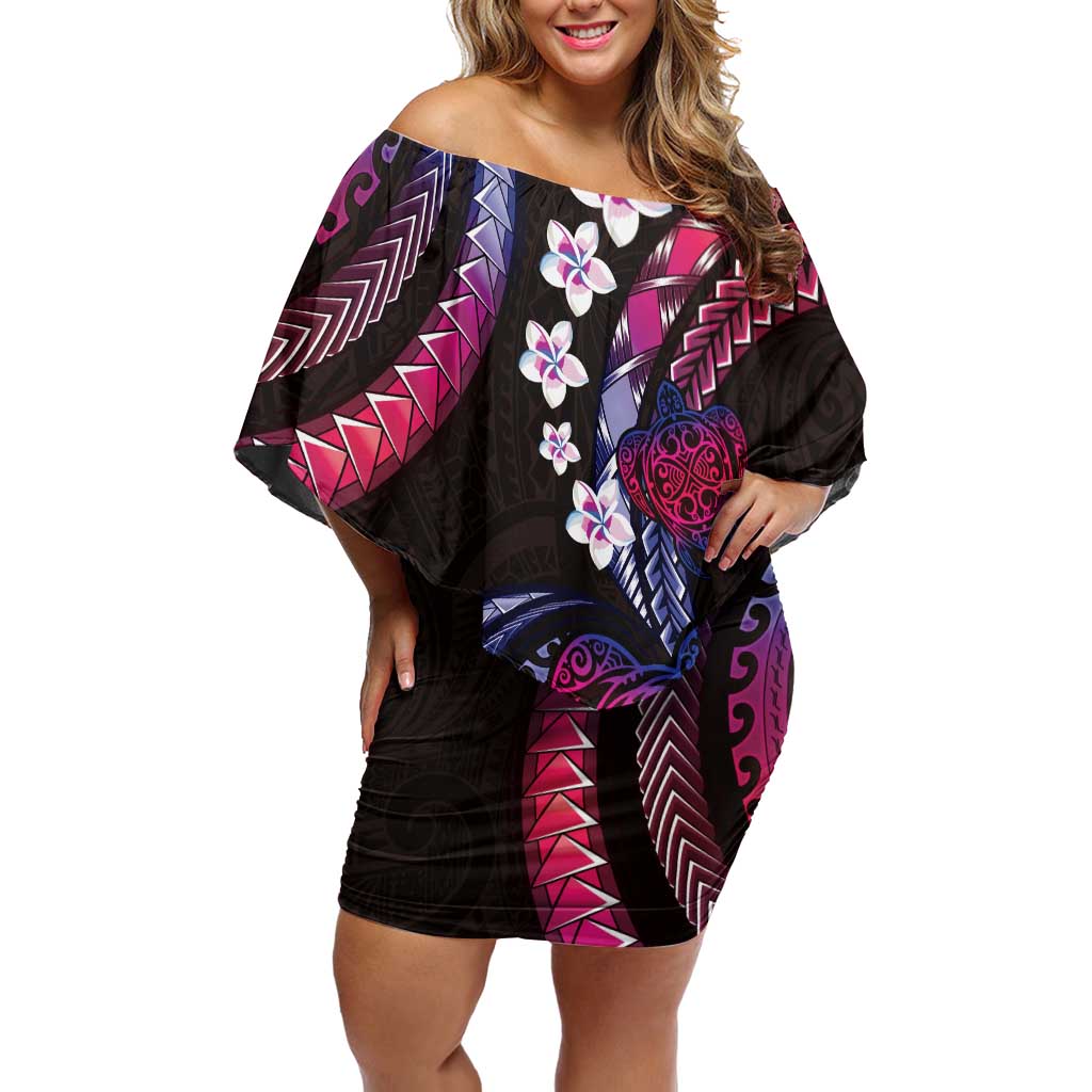 Hawaii Turtles Plumeria Off Shoulder Short Dress Sweet Gradient Polynesian Pattern