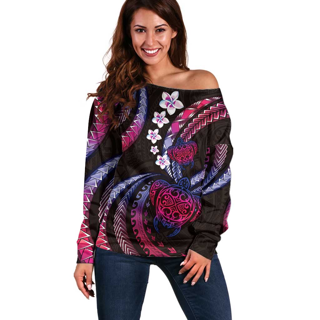 Hawaii Turtles Plumeria Off Shoulder Sweater Sweet Gradient Polynesian Pattern
