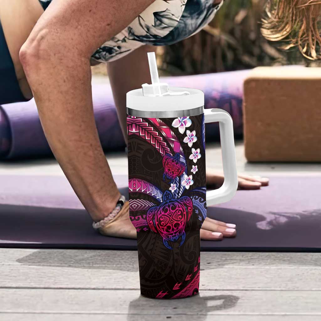 Hawaii Turtles Plumeria Tumbler With Handle Sweet Gradient Polynesian Pattern