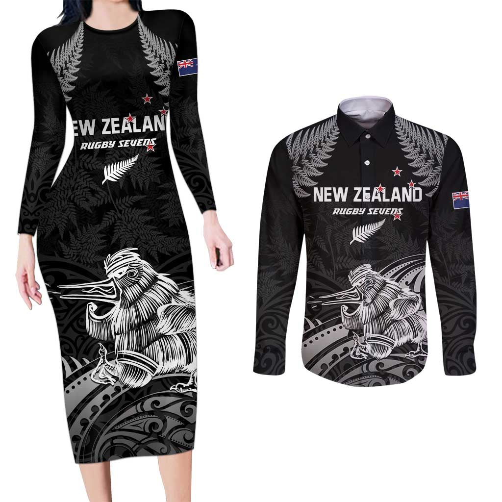 Custom New Zealand 2024 Rugby Couples Matching Long Sleeve Bodycon Dress and Long Sleeve Button Shirt Silver Fern Aotearoa Kiwi LT01 Black - Polynesian Pride