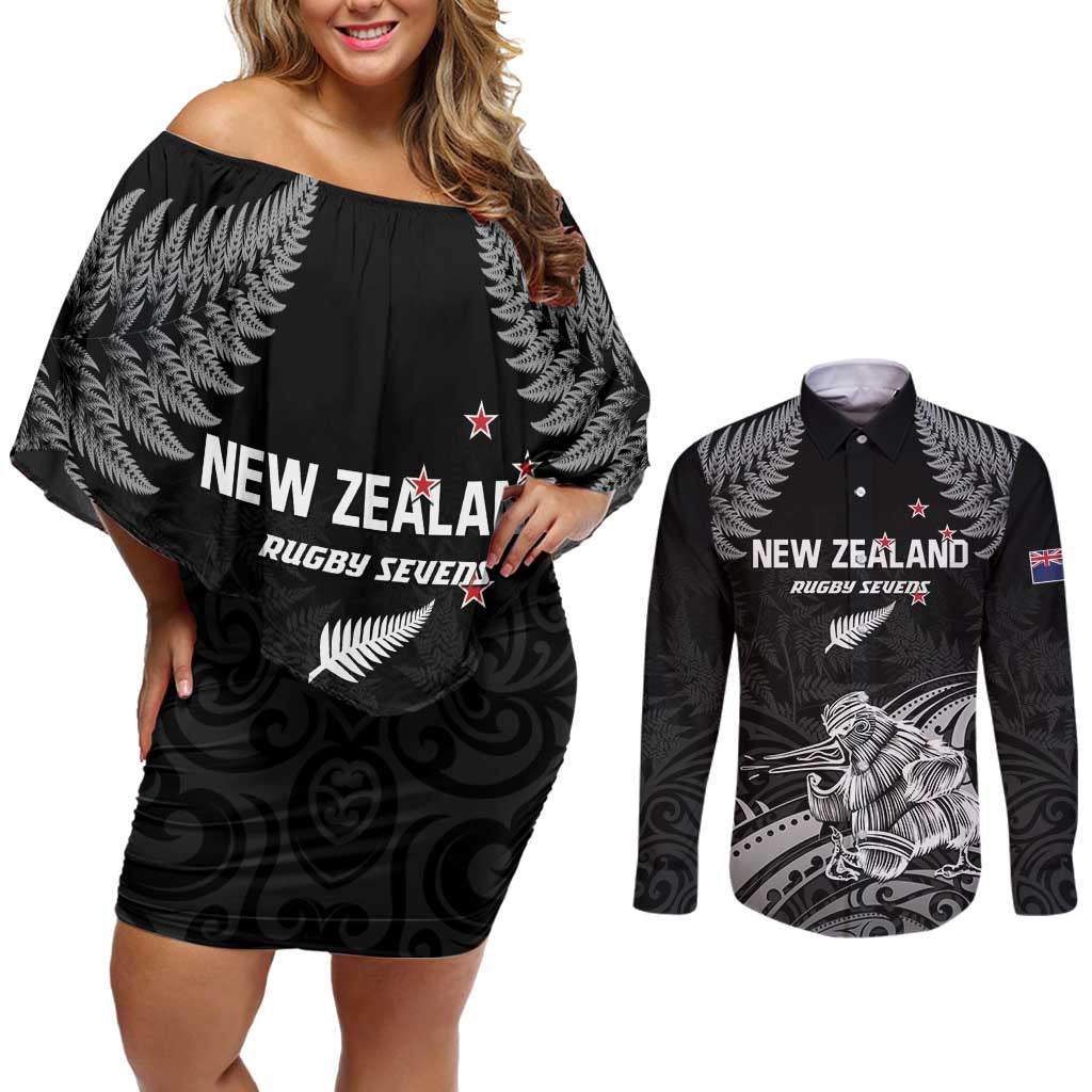 Custom New Zealand 2024 Rugby Couples Matching Off Shoulder Short Dress and Long Sleeve Button Shirt Silver Fern Aotearoa Kiwi LT01 Black - Polynesian Pride